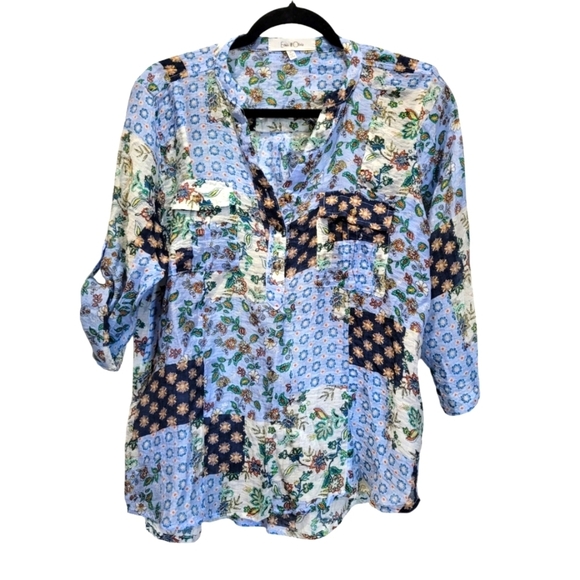 XL Eden & Olivia Patchwork Multicolor Pocket Button Down 3/4 Roll Sleeve - Picture 1 of 5